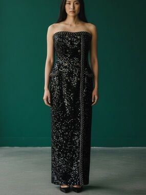 Vtg 80s Black Tie Sequin Beaded Gown Strapless Sz 6 Maxi 90s NWT Deadstock